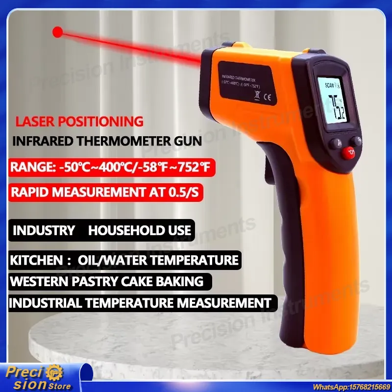 Industrial Handheld Laser - เครื่องวัดอุณหภูมิอินฟราเรดแบบไม่สัมผัส เครื่องวัดอุณหภูมิแบบเลเซอร์แบบพกพา ไพโรมิเตอร์ดิจิตอล จอแสดงผล LCD สำหรับการทำอาหารในอุตสาหกรรม